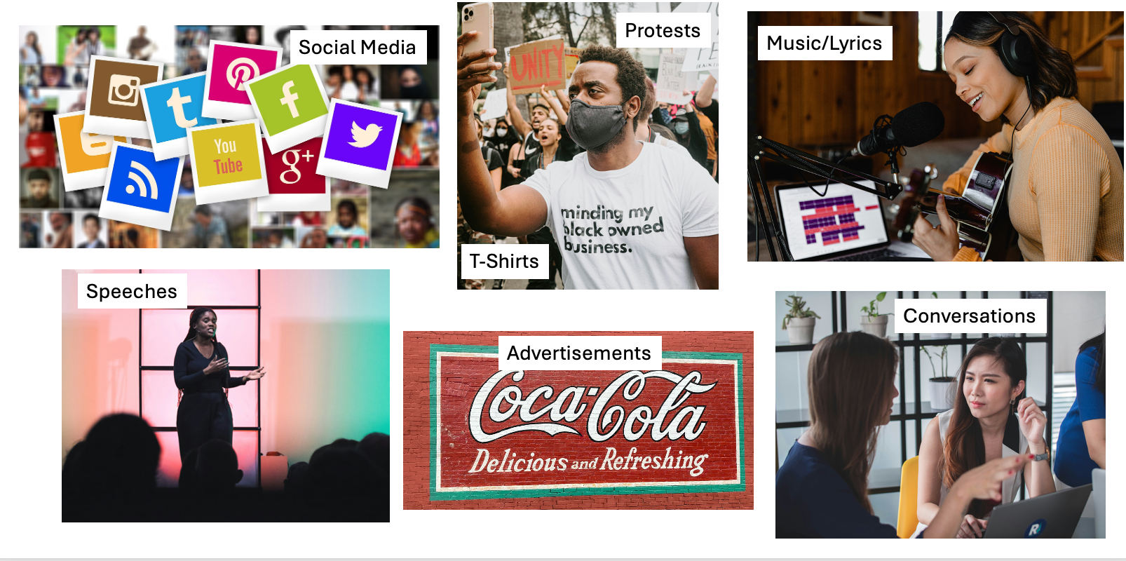 Images show social media app logos; a man at a protest with a slogan on his shirt; a woman playing music and singing; a woman giving a speech; an advertisement; and two women in conversation.